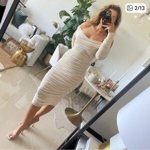 House of CB Anais  Off-Shoulder Cream Ivory Tulle Ruched Dress Medium